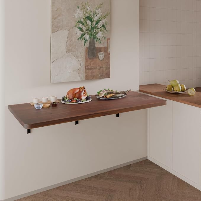 IAE Floating Wall Mounted Folding Table Desk with Pine Wood,48"x22" Folding Workbench,Fold Down wall Mounted Foldable Table with Shelf Brackets,Laundry Folding Table for Apartment,Home,Kitchen,Walnut