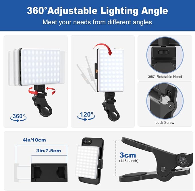 Selfie Light, Phone Light with Front & Back Clip, 60 LED Portable Light with 3 Modes, 5000mAh Rechargeable Video Light for Phone, iPhone, TikTok, Vlog Photographic Lighting Monolights(2 Pack)