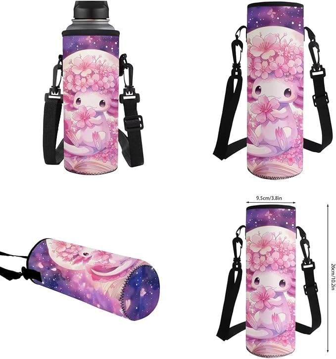 WELLFLYHOM 6-8 Girls Cherry Blossom Axolotl School Bookbag Set Kids | Moon Backpack and Lunchbox Pencil Case Water Bottle Lightweight Daypack Gift for Back to School Season