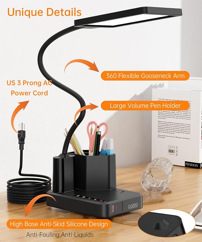 LED Desk Lamp with Charger, USB-C/USB-A & AC Outlet, Dimmable Desk Light & Table Lamp with Pen Holder, 3 Color Modes, Small Desk Lamp for Home Office, Bedroom, College Dorm Essentials,Reading,Crafts