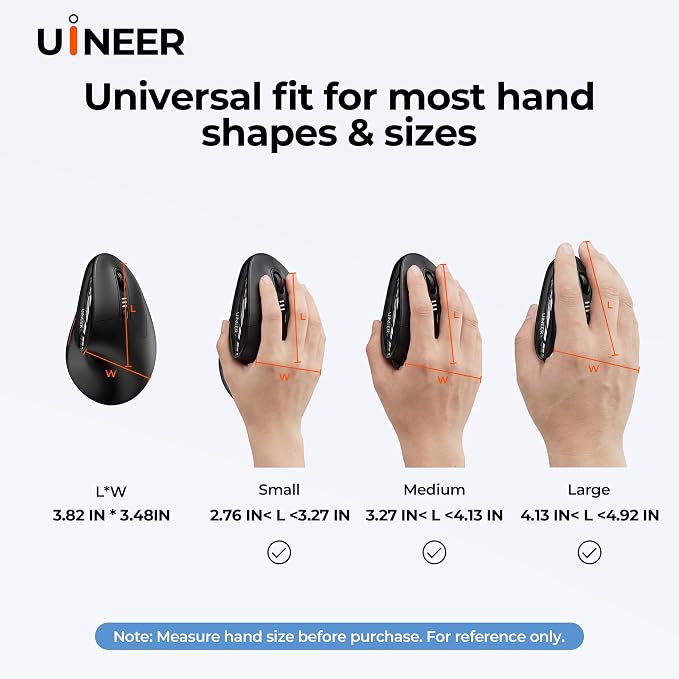 Uineer Wireless Ergonomic Mouse, Wireless Bluetooth Rechargeable Vertical Mouse, 7 Color LED, 4 DPI Adjustable, USB-A Receiver, Wrist Strain Relief,Optical Mice for Computer/PC/Laptop, Black (Black)