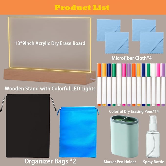13 x 9 Inch LED Drawing Writing Lumi Board with Colors, Clear Acrylic Light Up Desk Table Dry Erase Message Memo Note Board with Stand (Colorful, Large)