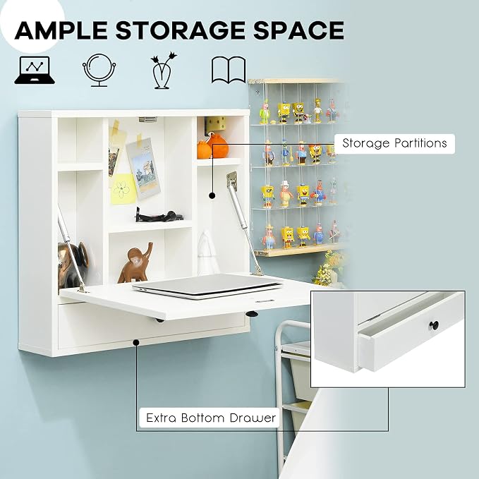 Tangkula Wall Mounted Desk, Pneumatic Floating Laptop Desk with Magnetic Foldable Tabletop, Space Saving Wall Mounted Table Wall Desk with Storage Drawer and Shelves (White)