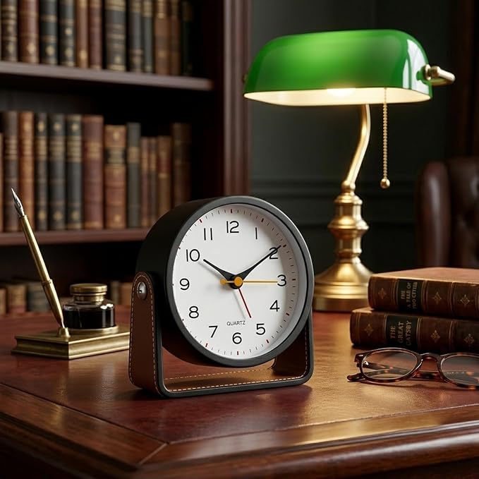Analog Alarm Clock - 4.5" Silent Non Ticking Small Clock with Light, Rotatable Stand Metal Desk Clock Battery Operated, Simple Design for Living Room Decor/ Bedroom/Bedside/Shelf (Black & Brown)