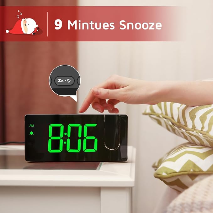 Projection Alarm Clock, Digital Clock with Modern Curved Design | 180° Rotatable Projector, 3-Level Brightness, Blue LED Display, Progressive Volume, 9mins Snooze, 12/24H, for Bedroom