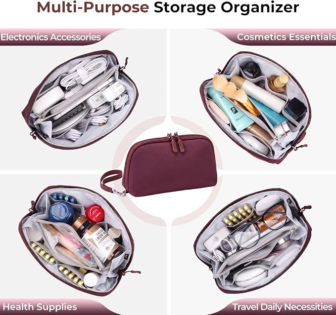 FYY Travel Cable Organizer - 8 Compartments Lightweight Water Resistant Tech Pouch with Wrist Strap, Portable Electronic Accessories Case for Cord Charger Storage for Travel Office Wine Red (Large)