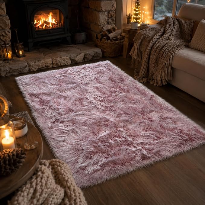 EasyJoy Faux Sheepskin Rug, Fluffy Faux Fur Rug, Ultra Soft Shag Area Rug with Non-Slip Backing for Bedroom, Living Room, Nursery, Kids Room(4 x 6 ft Rectangle, Frosted Bottom Pink)