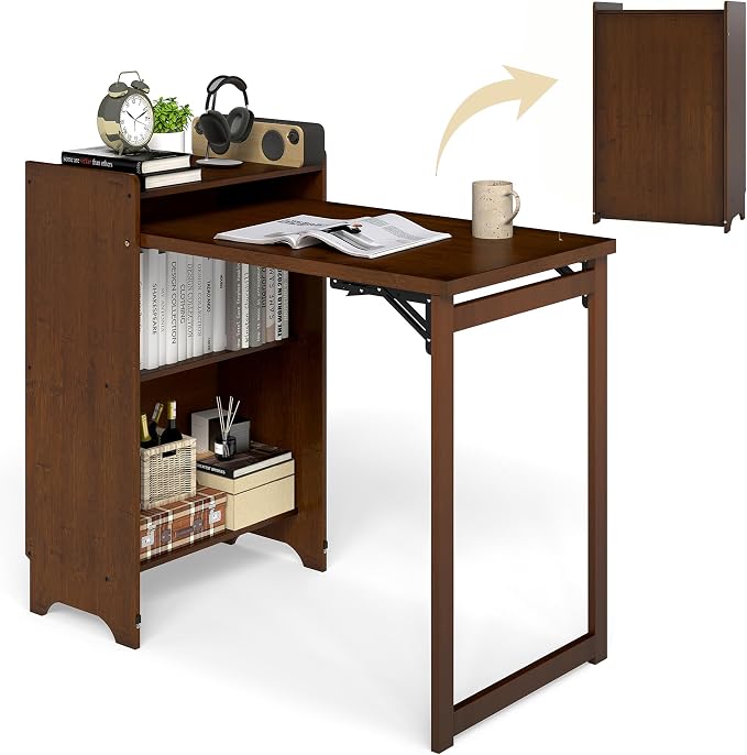 tonchean Bamboo Folding Desk for Small Spaces with Storage Bookshelf, Mid Century Foldable Computer Desk, Fold Out Writing Table, Space Saving Hideaway Workstation for Home Office Bedroom Dorm, Brown