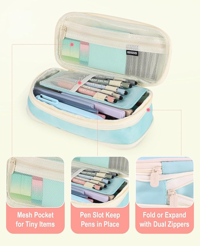 56 PCS Aesthetic School Supplies with Large Pencil Case, 5 Inspirational Ballpoint Pens, 12 Pastel Highlighters, 5 Black Ink Gel Pens, 6 Mechanical Pencils 0.5-0.7mm College Student Essentials (Blue)