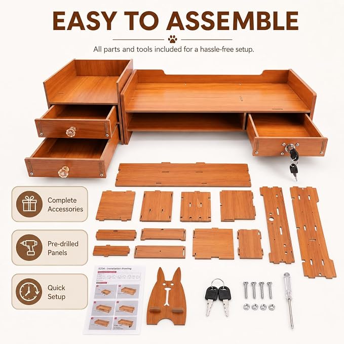 Wood Monitor Stand with Drawer - Tabletop Computer Rack Multi Compartment Home Desk Organizer w/3 Storage Drawers for Office Home Study