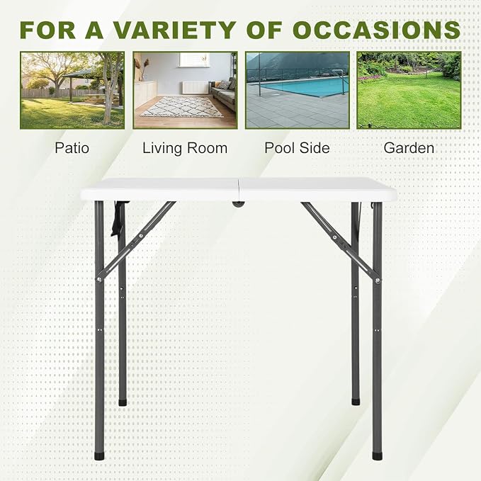FDW 34" Square Plastic Folding Card Table, Portable Fold-in-Half Plastic Picnic Party Table with Carrying Handle, White
