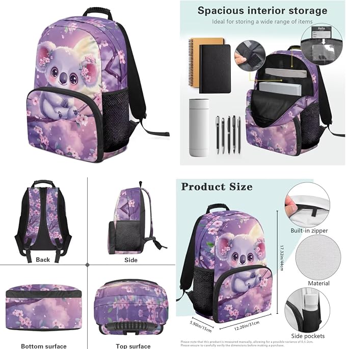 Ystardream Kawaii Koala Bookbag for Girls Backpack With Lunch Box Set 7th Grade Teens Student Elementary Prmary School Book Bag with Side Pocket for Water Sleeve Large Schoolbag Wear Resistant