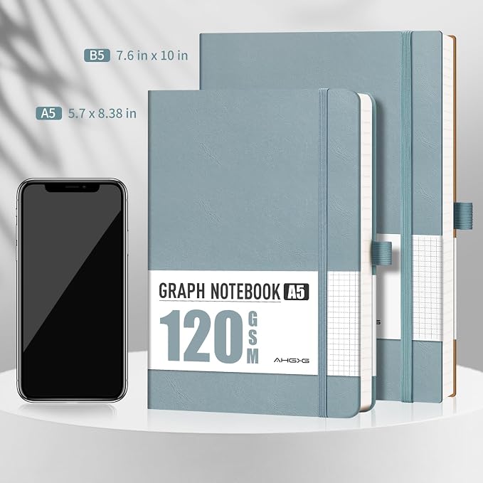 AHGXG Graph Paper Notebook - Grid Notebook Journal A5, 120 GSM Thick Graph Paper, 160 Pages, Leather Hardcover, for Graphing, Writing, Math, Engineering, 5.75'' × 8.38''- Gray Blue