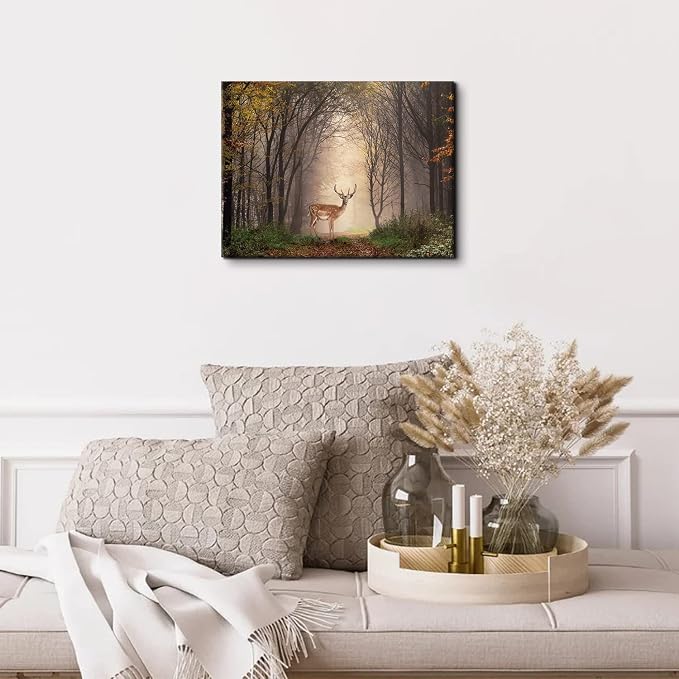 Wild Animal Landscape Canvas Wall Art Deer in Autumn Foggy Forest Picture Wall Decor Elk Wildlife Scenery Photo Prints Painting Decoration for Modern Living Room Bedroom Bathroom Home Art 12x16 Inch