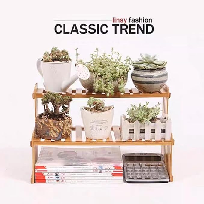 22.8" 2 Tiers Bamboo Plant Stand Shelf,Desk Flower Pot Holder,Adjustable Desktop Shelf Display Organizer Ladder Rack for Office Decorate Desk Shelving Storage Rack,Kitchen Rack (22.8" Length)