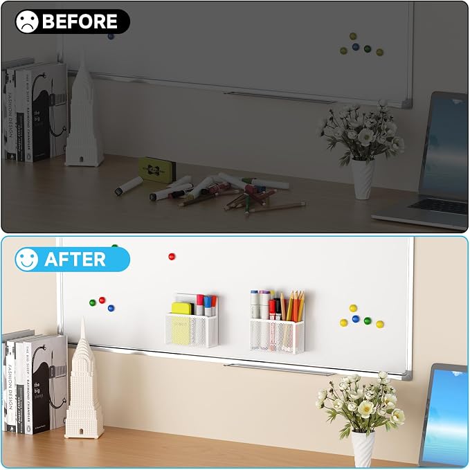 Marbrasse Magnetic Dry Erase Marker Holder, Mesh Pen Holder for Whiteboard,Magnet Pencil Organizer Storage for Refrigerator Locker Accessories Organizer for Home, School and Office(White 4p)
