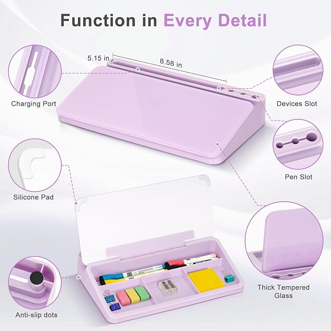 WALGLASS Small Desktop Whiteboard with Storage, Glass Desk Dry Erase White Board Computer Keyboard Stand with Drawer, Desk Organizers with Accessories for Office, Home, School Supplies Purple