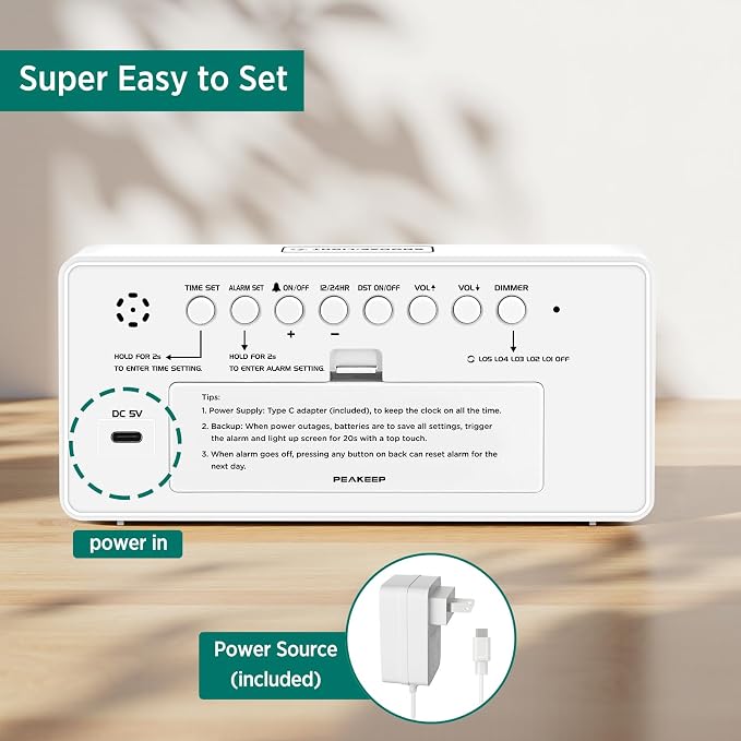 Peakeep Digital Alarm Clock for Bedrooms Bedside, Loud for Heavy Sleepers | Electric Alarm Clock Battery Backup Powered, Mirror Face, Large Numbers 6 Dimmers for Seniors