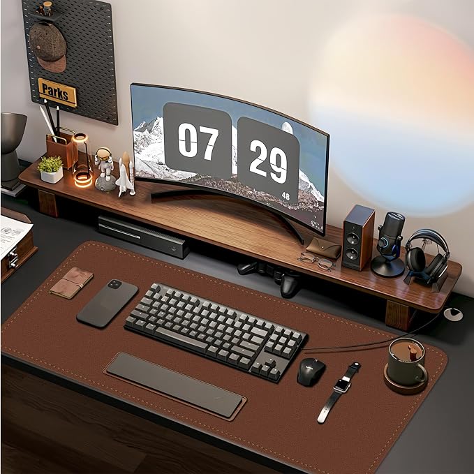 Double-Sided Office Desk Mat, Large Mouse Pad, Waterproof PU Leather Protective Pad, Laptop Desk Pad, Dual Use Cover Protector for Office/Home Keyboard (Brown+Grey, 31.5''×15.8'')