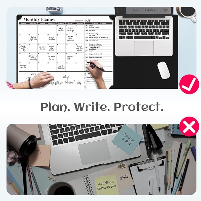 Multi-Functional Dual-Layer Dry Erase Desk Mat, Dry Erase Calendar for Desk - Erasable Desktop Writing Board with Calendar - Non-Slip Faux Leather Desk Protector for Home&Office - 16"x34" Black