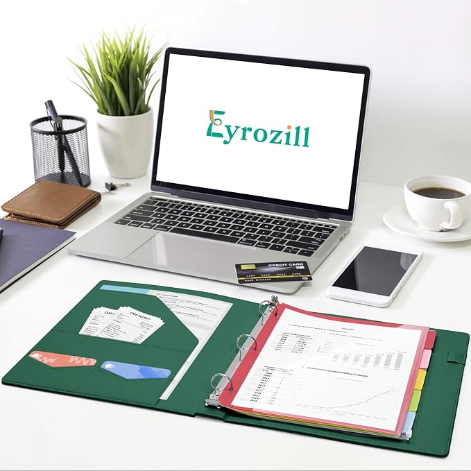 Eyrozill Professional Leather Binder Portfolio with Clipboard, Zipper Pouch, 5 Sheets Plastic Dividers,Professional 3 Ring Binders 8.5 x 11, 1-inch Round Rings, Green