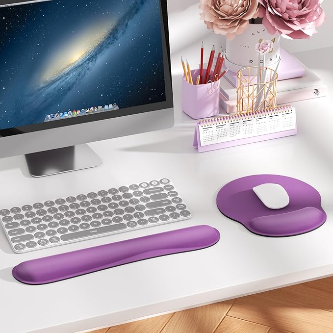 KTRIO Ergonomic Keyboard Wrist Rest and Mouse Pad with Wrist Rest Set, Memory Foam Wrist Support for Typing, Gaming, Office and Home Use, Pale Pink, Violet Purple