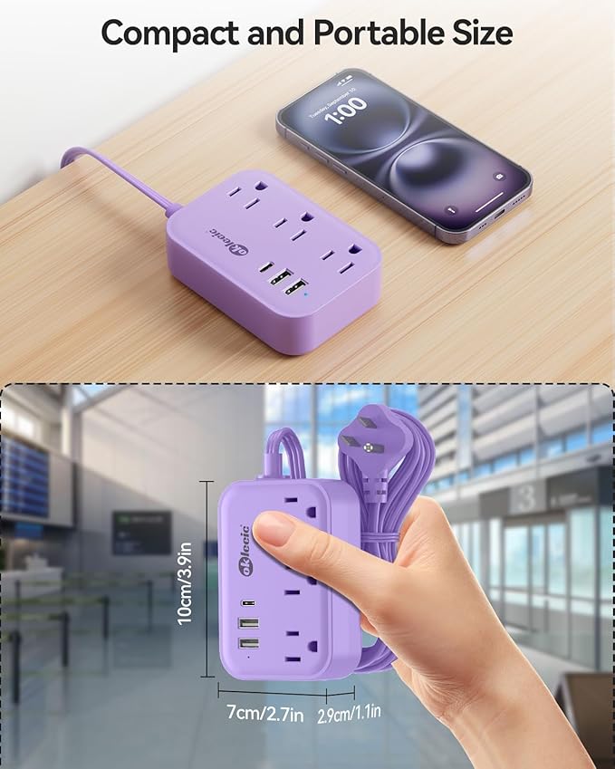 Purple Extension Cord with 3 Outlets & 3 USB(1 USB C), Cute Small Extension Cord 5ft, Travel Power Strip Flat Plug with USB Charging Station, Compact for Cute Purple Kawaii Lavender Desk Accessories