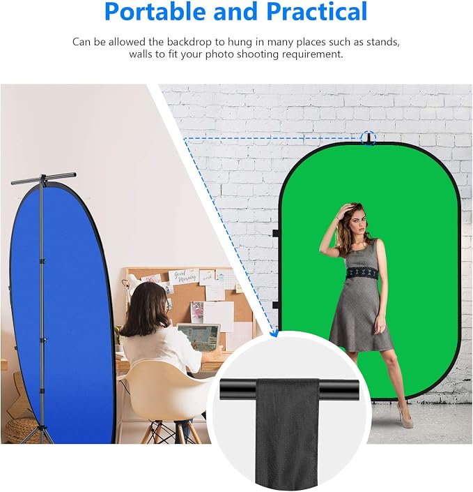 NEEWER Chromakey Backdrops, Double Sided Green Screen and Blue Screen, 2 in 1 Collapsible and Reversible Background for Photography, Gaming and Live Streaming, 5'×6.6'/1.5m×2m (Green/Blue)
