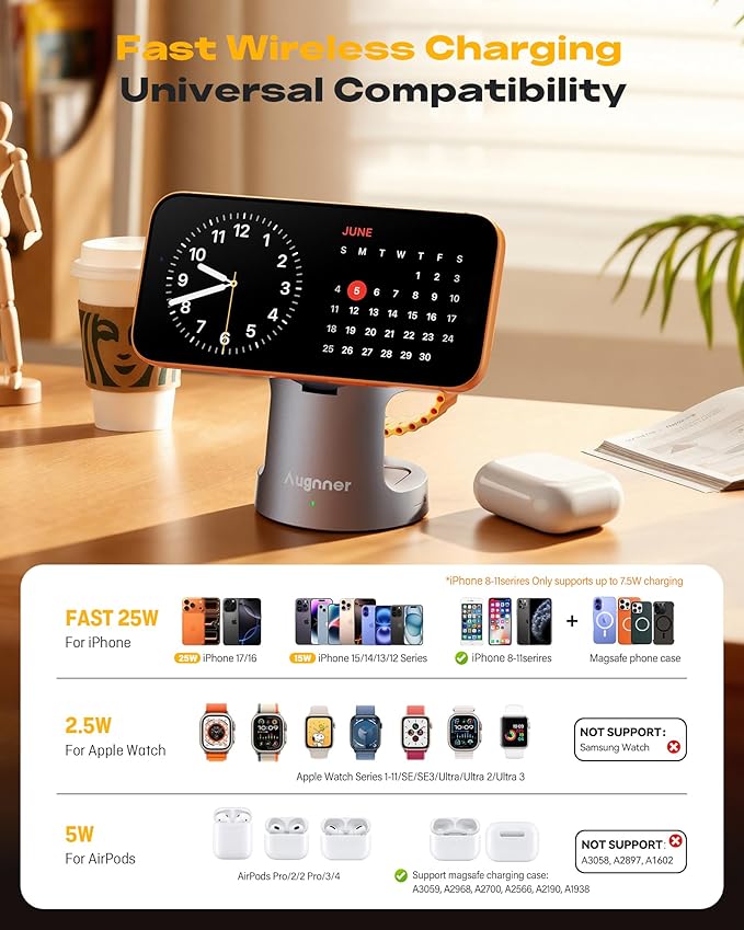 3 in 1 Charging Station Compatible with MagSafe Charger, 25W Magnetic Wireless Charger Night Light, Foldable Charging Stand for iPhone 17/16/15/14/13/12, Apple Watch, AirPods (45W Adapter)