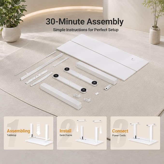 Claiks 55 x 24 Inch White Electric Standing Desk | Adjustable Height, Sit Stand, 3 Memory Presets, Cable Management, Spacious Ergonomic, Home Office & Bedroom