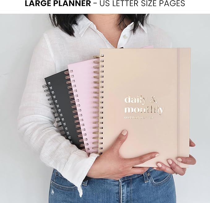 Undated Daily Planner | 2026 Calendar | Large Daily and Monthly Planner with Hourly Schedule, 8.5" x 11" | 6 Month, Full Page a Day, To do List, Time Blocking, Beige Aesthetic Hardcover Spiral Notebook