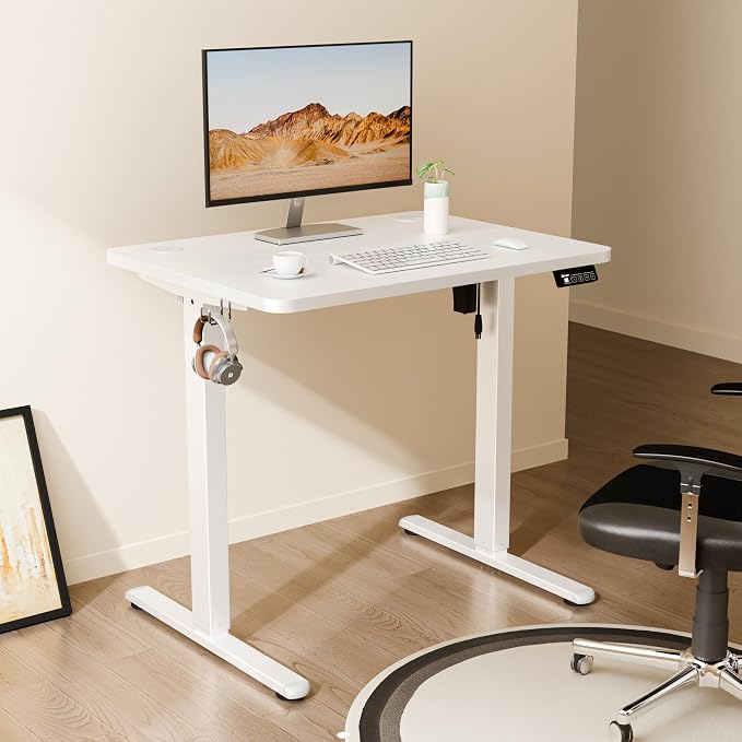 Small Standing Desk, 32"x24" Height Adjustable Sit-Stand Home Office, White | Electric Adjustable Standing Desk, Sit to Stand Computer Office Desk with Splice Board, Memory Preset, Lifts 28.7''-46.5"