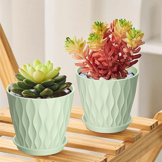 UOUZ 4 Inch Small Pots for Plants, 6 Pack Waffle Texture Small Plant Pots for Succulents, Plastic Planter with Drainage Holes and Saucers for Indoor Outdoor Plants, Flowers, Herbs, Seedlings, Green