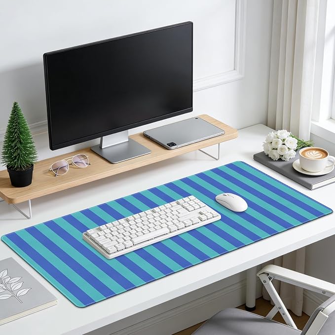 Striped Desk Mat,PU Leather Desk Pad,Extra Large Mouse Pad Table Mat for Laptop Computer, Blue Turquoise Keyboard Mat,Waterproof PU Desk Cover Mat for Office Home Deco