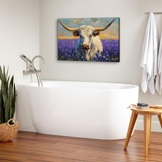Colorful Animal Wall Art Longhorn Cattle Wall Decor for Living Room Vintage Lavender Fields Painting Poster Retro Farmhouse Country Wildlife Canvas Pictures Artwork Bedroom Office Decorations 24x36"