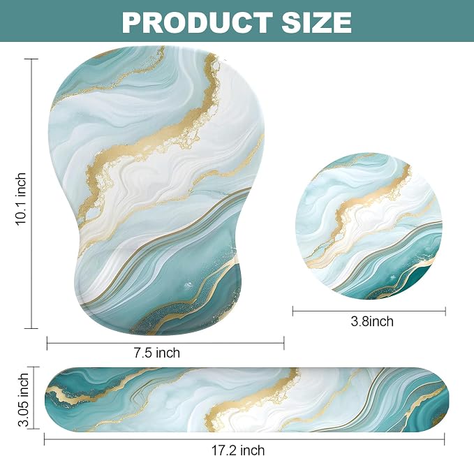 Ergonomic Mouse Pad with Wrist Rest and Keyboard Wrist Rest, Gel Mousepad and Wrist Rest for Computer Keyboard, Pain Relief, Non-Slip PU Base, Mouse Pad Wrist Support for Gaming, Blue Green Marble