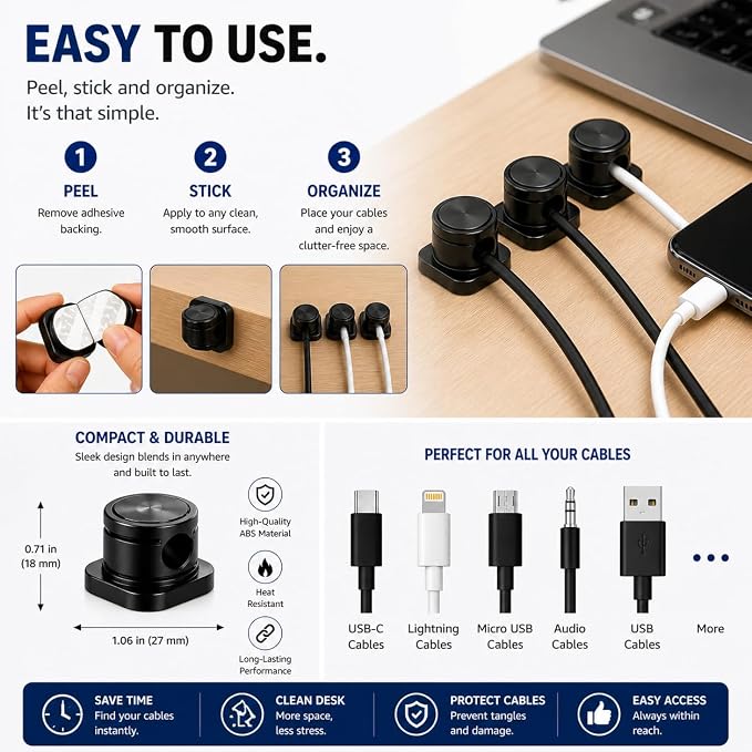 Magnetic Cable Organizer 12 Pack, Cord Holder for Nightstand, Cable Organizer Clips, Cord Clips for Wires on Wall, Desk Cord Management Holder for USB & Phone Charger Cables (12)