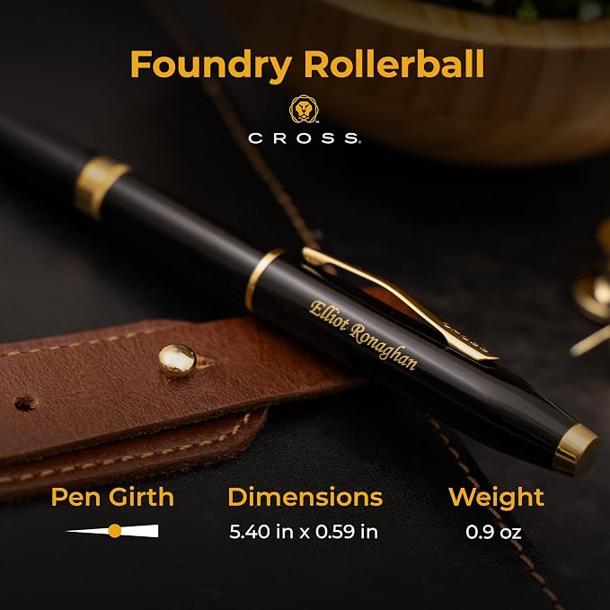 Personalized Cross Foundry Rollerball Pen | Engraved Black Lacquer with PVD Gold Trim and Gel Ink | Custom Cross Rollerball for Board Recognition, Corporate Milestones, and Career Advancement