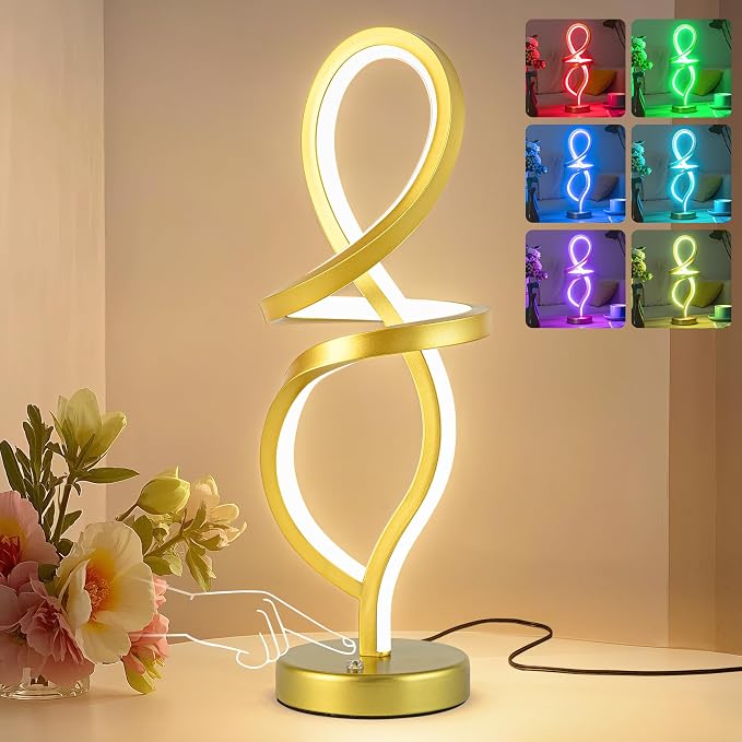 Mayful Modern RGB Table Lamp with 15W LED Unique Spiral Design, Gold Small Nightstand Lamp & Bedside Lamps, Touch Dimmable with 7 Colors & 10 Modes for Bedroom, Living Room, Home Office