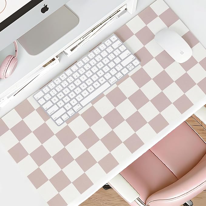 Mouse Pad Leather Desk Mat Large Keyboard Cute Office Desktop Computer Laptop XXL Long Big Aesthetic Modern Design Women Girls Gaming Gamer Oversized Wide Mousepad 31.5"x15.7", Khaki Plaid