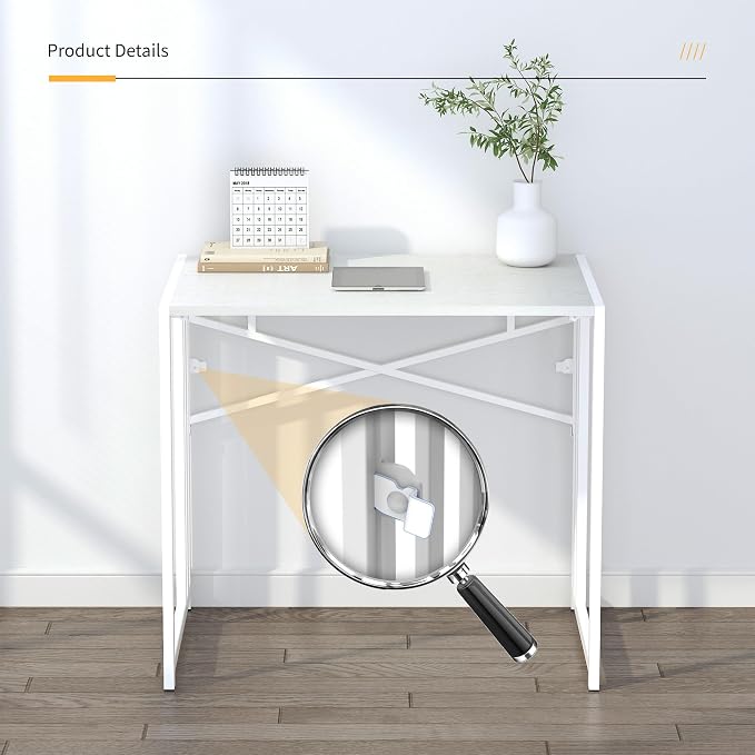 Lutown-Teen Small Folding Desk 32 inch, No Assembly Required Small Office Desk, Writing Gaming Computer Camping Desk, White