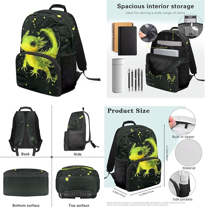Ystardream 4 Pcs School Backpack with Lunch Box Set 17 Inch Green Axolotl Backpack for Boys with Lightweight & Multiple Pockets Design Ergonomic Back Support forTeens Back to School Supplies