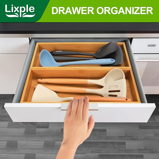 Lixple Bamboo Kitchen Drawer Organizer, Stackable Utensil Holder Silverware Organizer Cutlery Tray - 2PCS Organizer Bins for Makeup Jewelries Flatware in Bathroom, Office Desk, Cabinets, 15x6x2 inch