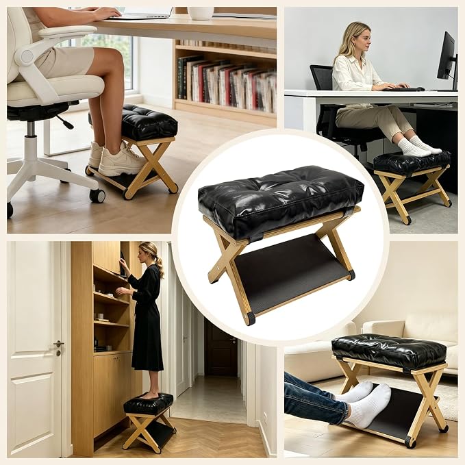 Double Step Foot Rest Under Desk, Ergonomic Foot Stool with Cushioned Top & Non-Slip Surface, Wooden Under Desk Footrest for Work, Office Chair, Home & Gaming