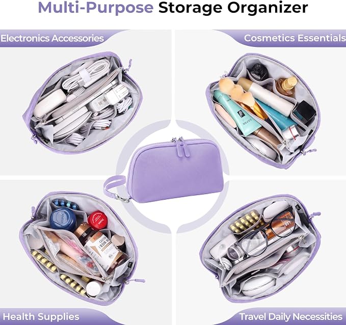 FYY Travel Cable Organizer - 8 Compartments Lightweight Water Resistant Tech Pouch with Wrist Strap, Portable Electronic Accessories Case for Cord Charger Storage for Travel Home Office Purple (Large)
