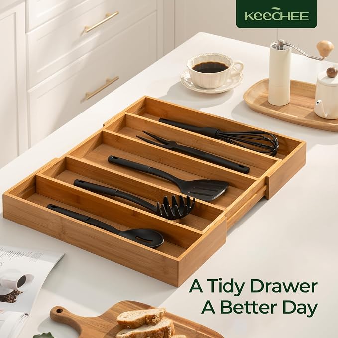 Carbonized Bamboo Kitchen Drawer Organizer, 5 Slots Expandable Silverware Organizer, Utensil Holder & Cutlery Tray, 2.2" Deep for Extra Capacity, Non-Slip Feet Included.