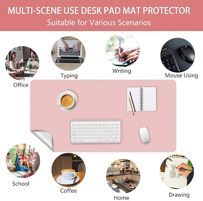 Office Desk Pad Protector Leather Desk Blotter Laptop Keyboard Mat Pad Waterproof Writing Desk Cover Mat Ultra-Thin Table Protector Cute for Women & Girl 17 X 36 Inch (Shell-Pink/Bright Silver)