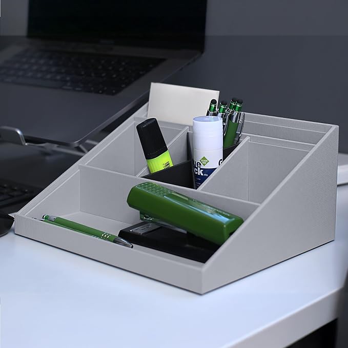 Rössler SOHO desk organiser | Multifunctional desk accessory with 6 compartments | Ideal as an office organiser, pen holder or filing system | Space-saving & hand-glued | Colour: Stone Grey