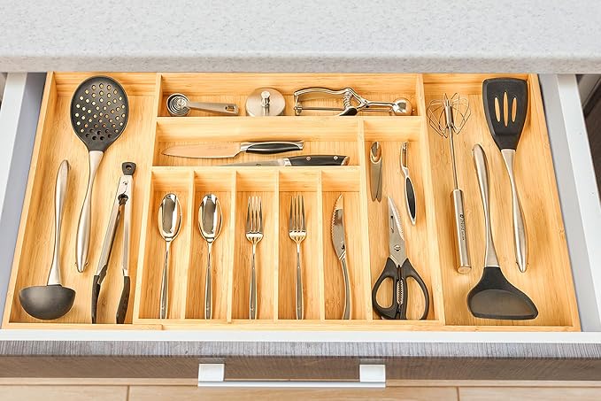 Extra Large Expandable Kitchen Siverware Utensils Drawer Organizer, 19" Deep for Big Drawer, Adjustable Bamboo Wood Drawer Divider with Curved Grooves, Cutlery Tray Flatware Holder