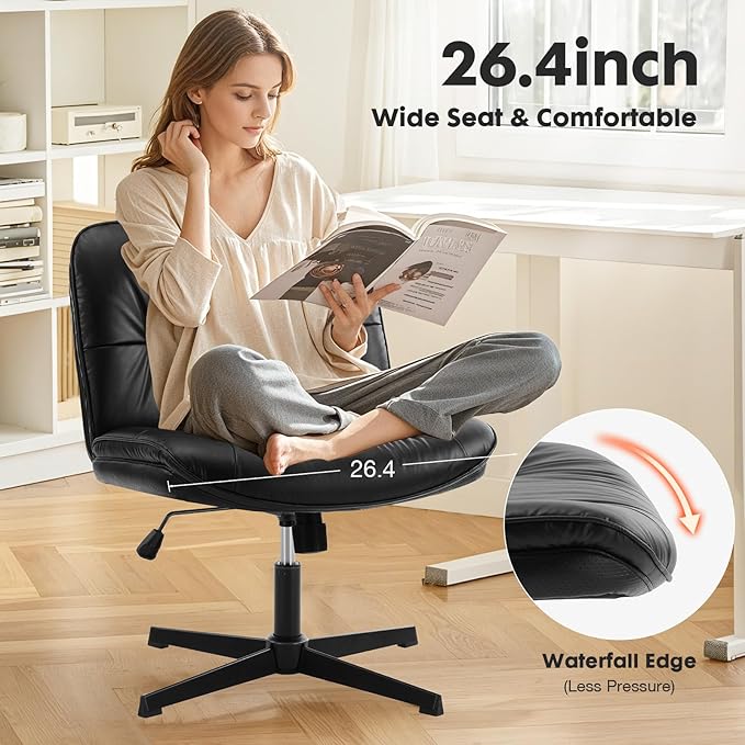 Sweetcrispy Armless-Office Desk Chair Without Wheels, Cross Legged Wide Chair, PU Leather Comfortable Adjustable Swivel Computer Task Chairs for Home,Office,Make Up,Small Space,Bed Room Black